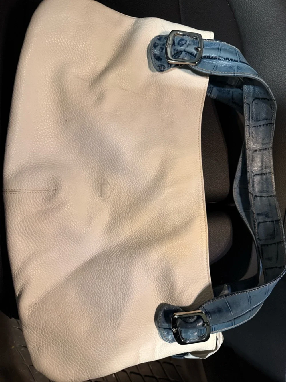 White Leather Shoulder Bag with Blue Croc-Effect Strap PETUSCO - Picture 16 of 16